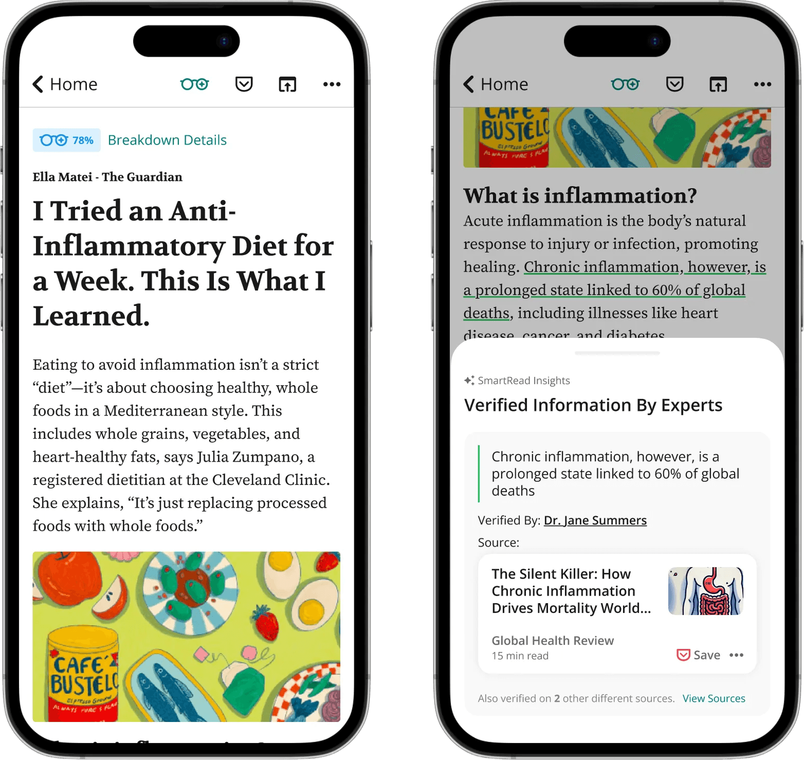 SmartRead for Pocket credibility scores and inline fact-checking screens