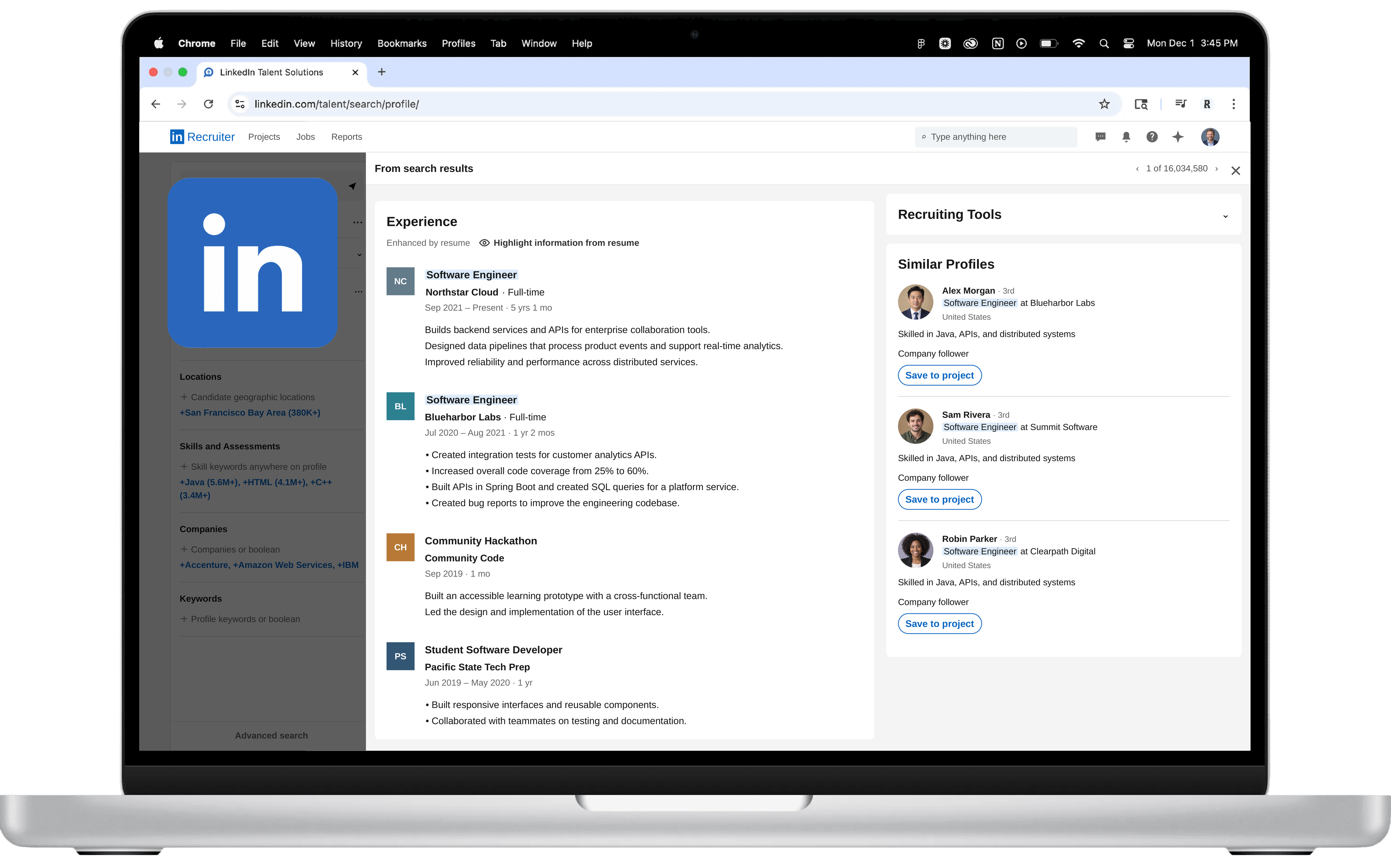 LinkedIn Recruiter Experience interface with fictional profile data and LinkedIn logo
